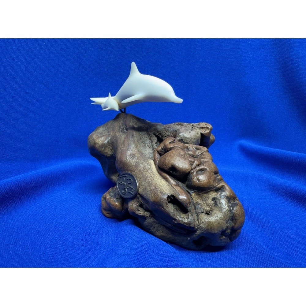 John Perry Pair Dolphin Figurines Burlwood Wood Base Sculpture Mother Calf VTG - Picture 2 of 9